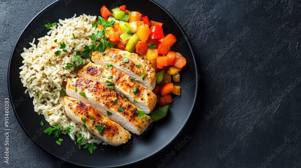 Baked chicken fillet, rice, and vegetables on a black plate, top view, plenty of space for text. Baked chicken fillet, rice, and vegetables on a black plate, top view, plenty of space for text.