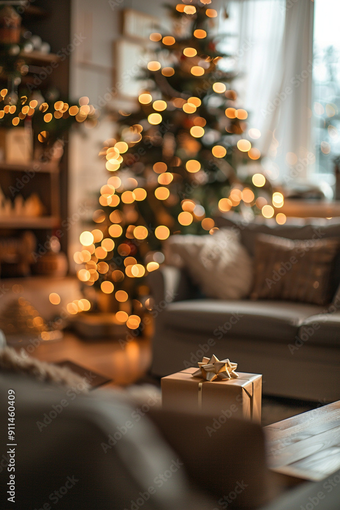New Year and Xmas Christmas Eve decoration. Blurred room with Christmas tree, gifts, sofa and decorated living room with lights. Vertical picture New Year and Xmas Christmas Eve decoration. Blurred room with Christmas tree, gifts, sofa and decorated living room with lights. Vertical picture