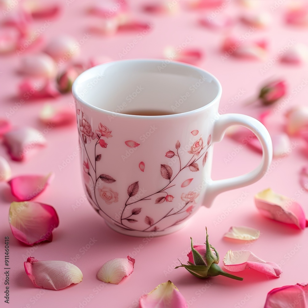 A floral patterned mug filled with tea sits on a pink surface surrounded by rose petals. A floral patterned mug filled with tea sits on a pink surface surrounded by rose petals.