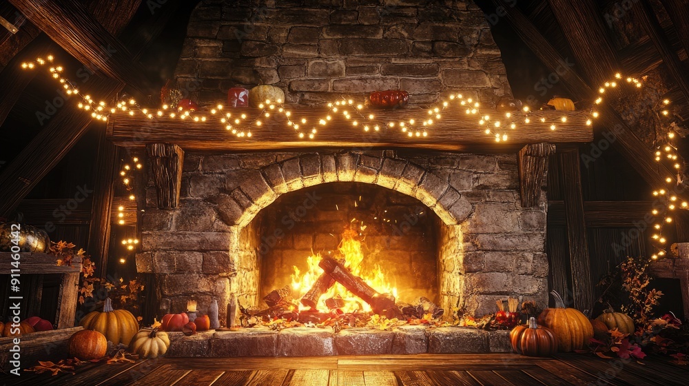 Obraz premium Fireplace with Burning Fire and Pumpkins