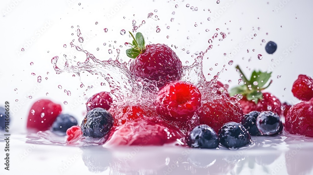 Berries and splashing juice on a white background, highlighting the freshness and juiciness of the fruits. Berries and splashing juice on a white background, highlighting the freshness and juiciness of the fruits.