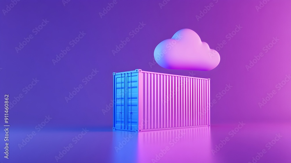 3D rendering of a shipping container with a cloud, symbolizing cloud computing and data storage, against a gradient background. 3D rendering of a shipping container with a cloud, symbolizing cloud computing and data storage, against a gradient background.