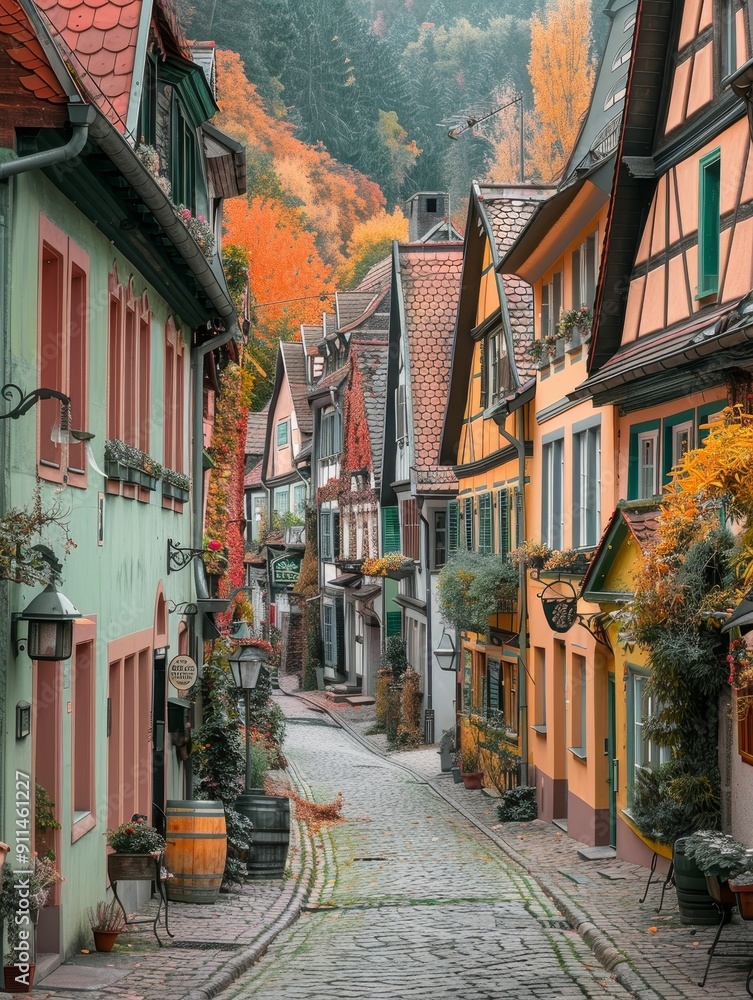 Obraz premium A quaint, cobblestone street lined with colorful, historic buildings in a European town. The autumn foliage adds a warm, inviting ambiance.