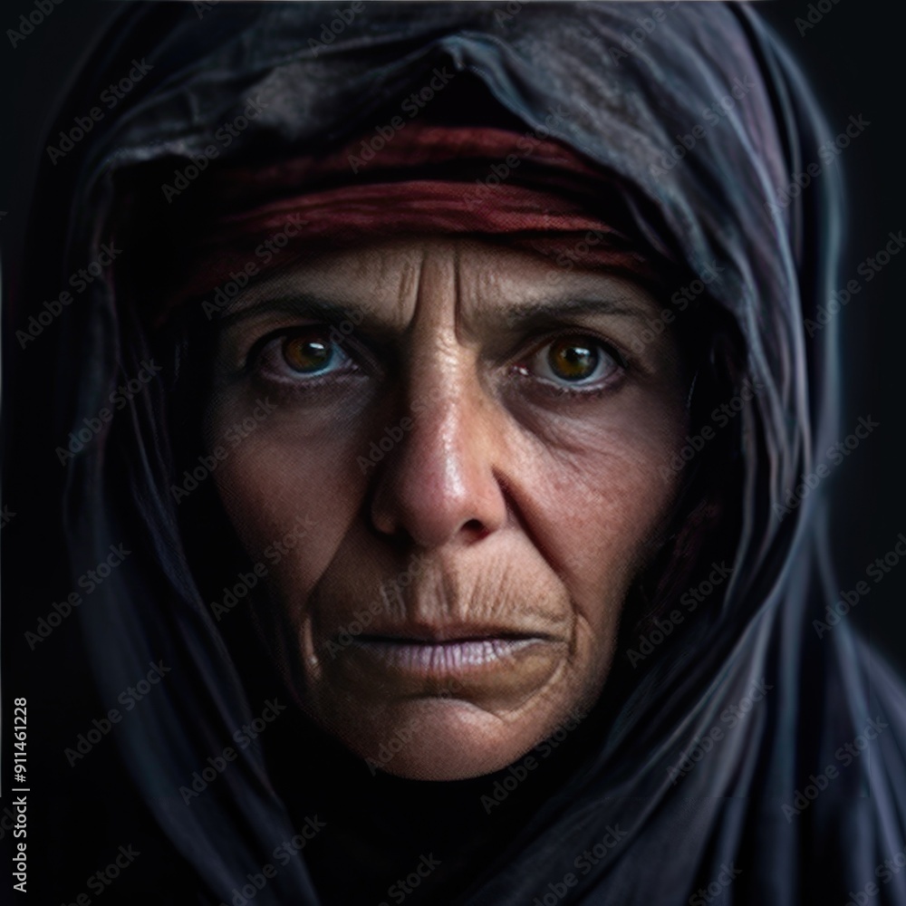Close-up Portrait of a Woman in a Dark Headscarf Close-up Portrait of a Woman in a Dark Headscarf
