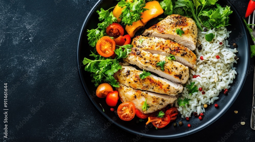 Black plate with baked chicken fillet, rice, and colorful vegetables, top view, space for text. Black plate with baked chicken fillet, rice, and colorful vegetables, top view, space for text.