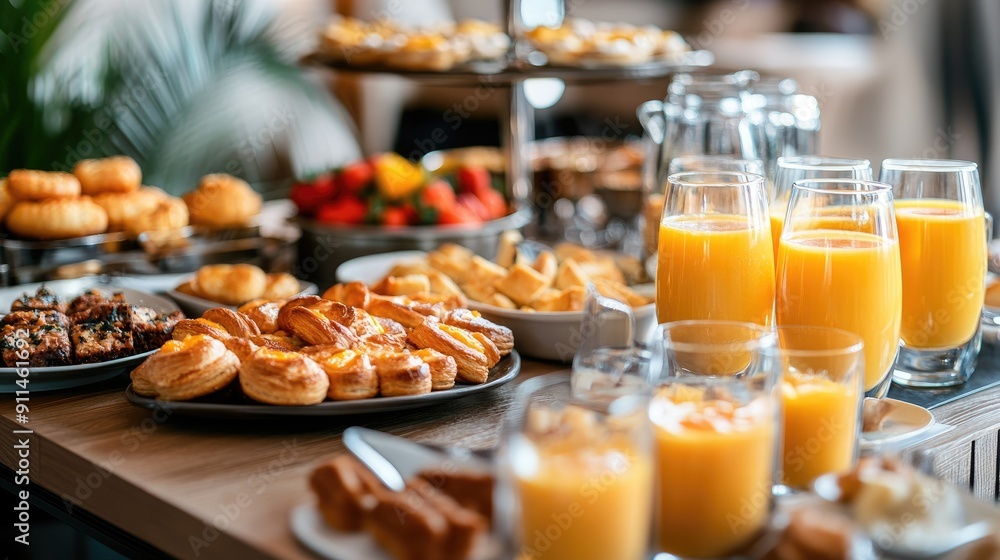 Breakfast in a luxury hotel: elegant buffet with fresh pastries, glasses of orange juice, eggs, and an array of morning dishes. Breakfast in a luxury hotel: elegant buffet with fresh pastries, glasses of orange juice, eggs, and an array of morning dishes.