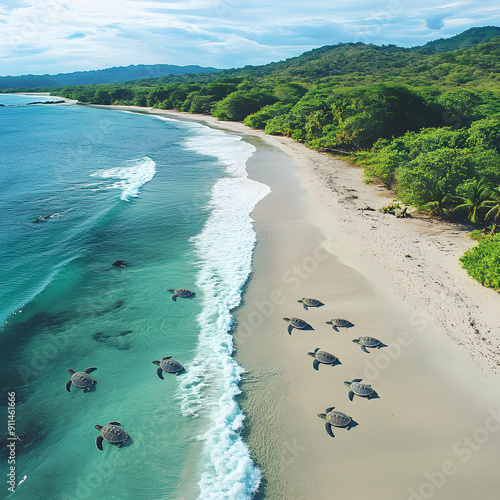 aerial view of playa ostional full of sea turtles entering and leaving the sea to lay their eggs in costa rica, guanacaste 4k isolated on white background, simple style, png photo