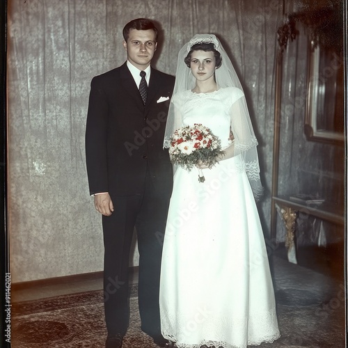 Vintage Wedding Couple Posing with Bouquet
