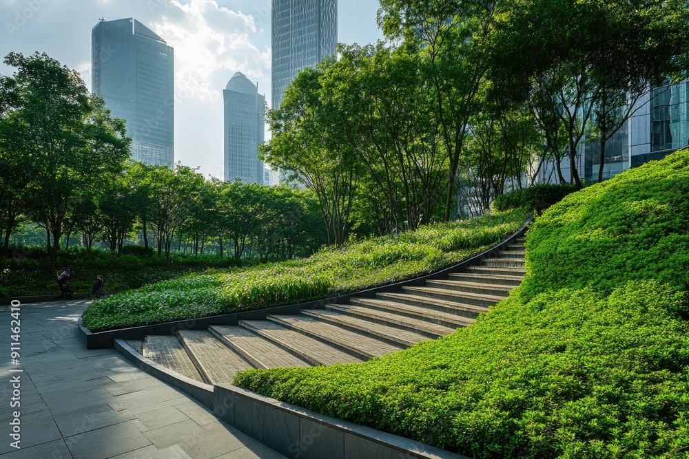 Concrete Steps Leading Up to Greenery and Skyscrapers Concrete Steps Leading Up to Greenery and Skyscrapers