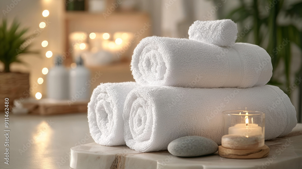 Depict a serene spa setting with soft, white towels rolled up or stacked, alongside spa accessories like candles, essential oils, and massage stones, Depict a serene spa setting with soft, white towels rolled up or stacked, alongside spa accessories like candles, essential oils, and massage stones,