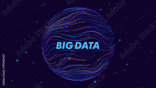 Big Data Blue Futuristic Sphere Globe Connection Networks. Neural Network Communication. Big Data Cyber Space. Hi Tech Business Data Flow Analytics Vector Illustration.