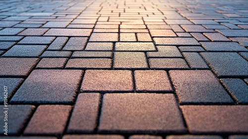 Brick block paving on an empty road, highlighting the smooth and structured design of the paver bricks.