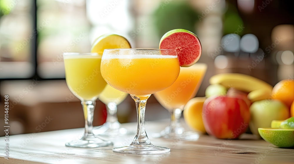 Bright and healthy apple and multivitamin juices in cocktail glasses, with fresh fruits artfully arranged. Bright and healthy apple and multivitamin juices in cocktail glasses, with fresh fruits artfully arranged.