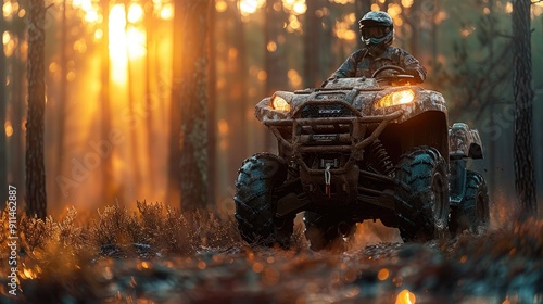 ATV Rider in Sunlit Forest photo