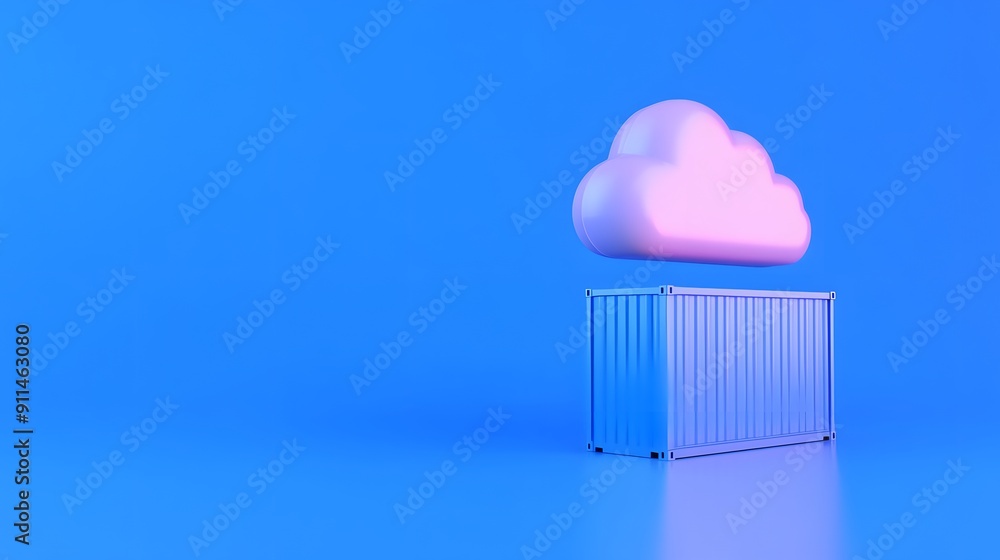 A blue shipping container with a floating pink-tinged cloud above it, symbolizing cloud computing and data storage, on a blue background. A blue shipping container with a floating pink-tinged cloud above it, symbolizing cloud computing and data storage, on a blue background.