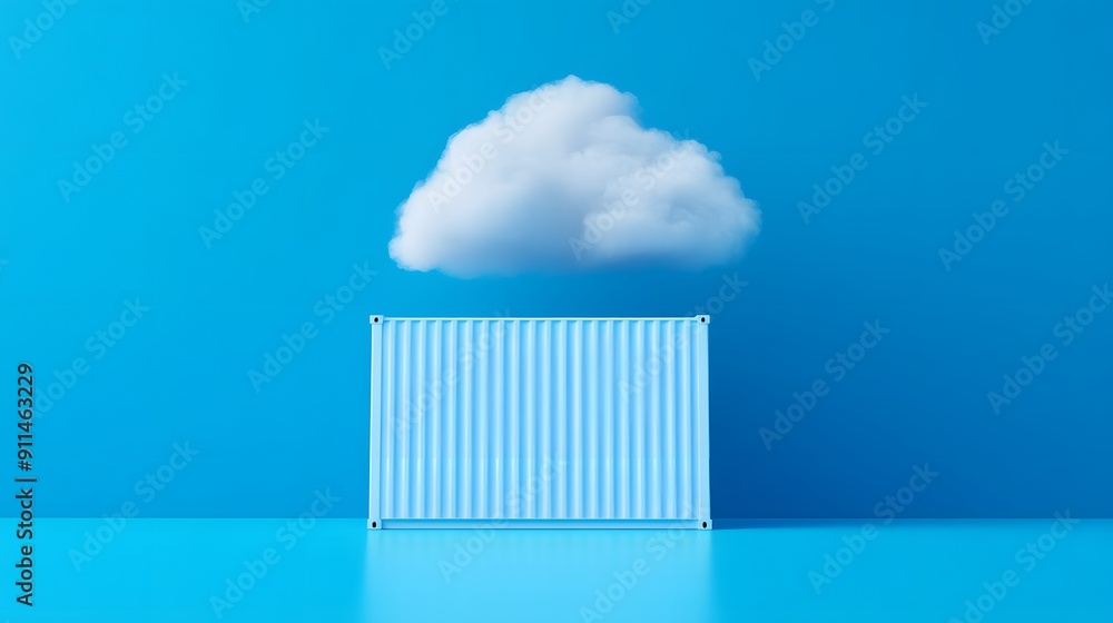 A cloud hovering above a container against a blue background, symbolizing cloud computing and storage technology concepts. A cloud hovering above a container against a blue background, symbolizing cloud computing and storage technology concepts.