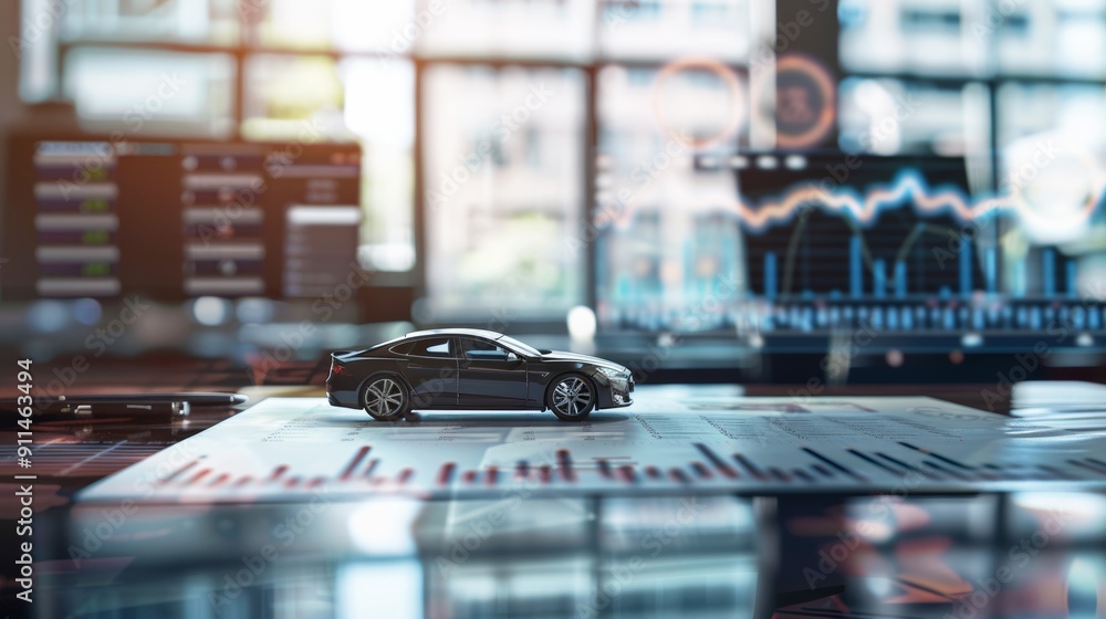 custom made wallpaper toronto digitalCar model on a sleek table in a corporate office, with a background of financial charts and business graphs