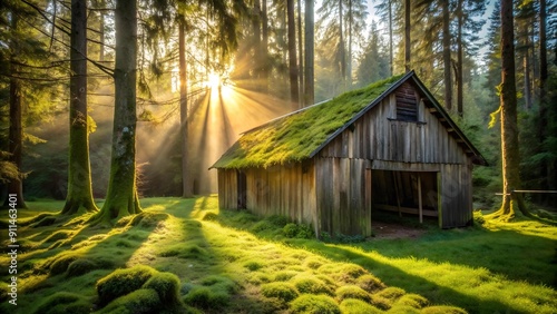 A Rustic Barn, Bathed in Golden Sunlight, Stands Proud Amidst Towering Trees  AI Generated photo