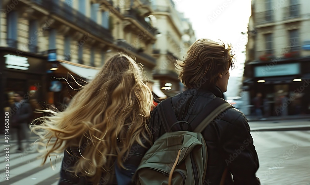 Obraz premium Couple walking in city, wind blowing hair, backpack.