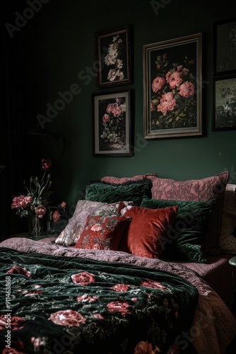 Green Bedroom with Floral Bedding and Art