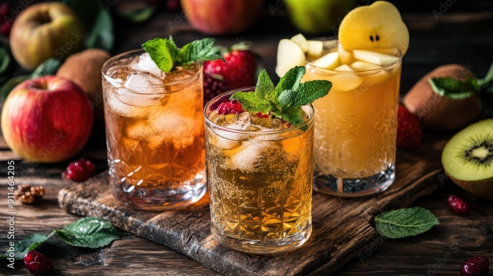 Cocktail glasses with apple and multivitamin juices, surrounded by colorful fresh fruits on a wooden table. Cocktail glasses with apple and multivitamin juices, surrounded by colorful fresh fruits on a wooden table.