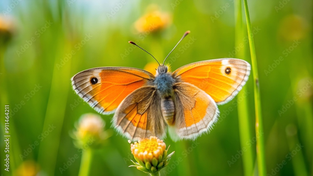 A Close-Up Portrait of a Small Heath Butterfly Resting on a Delicate Wildflower generative AI A Close-Up Portrait of a Small Heath Butterfly Resting on a Delicate Wildflower generative AI