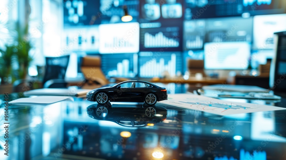 Car model on a sleek table in a corporate office, with a background of financial charts and business graphs Car model on a sleek table in a corporate office, with a background of financial charts and business graphs