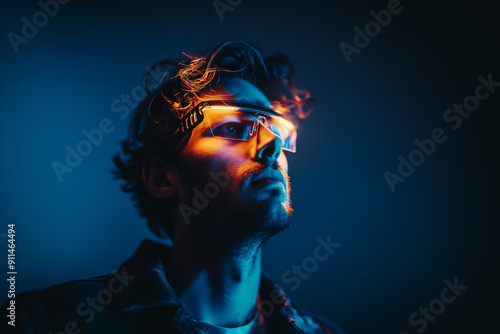 Smart man looking data or connecting with big data or virtual reality by using goggle or VR headset.
