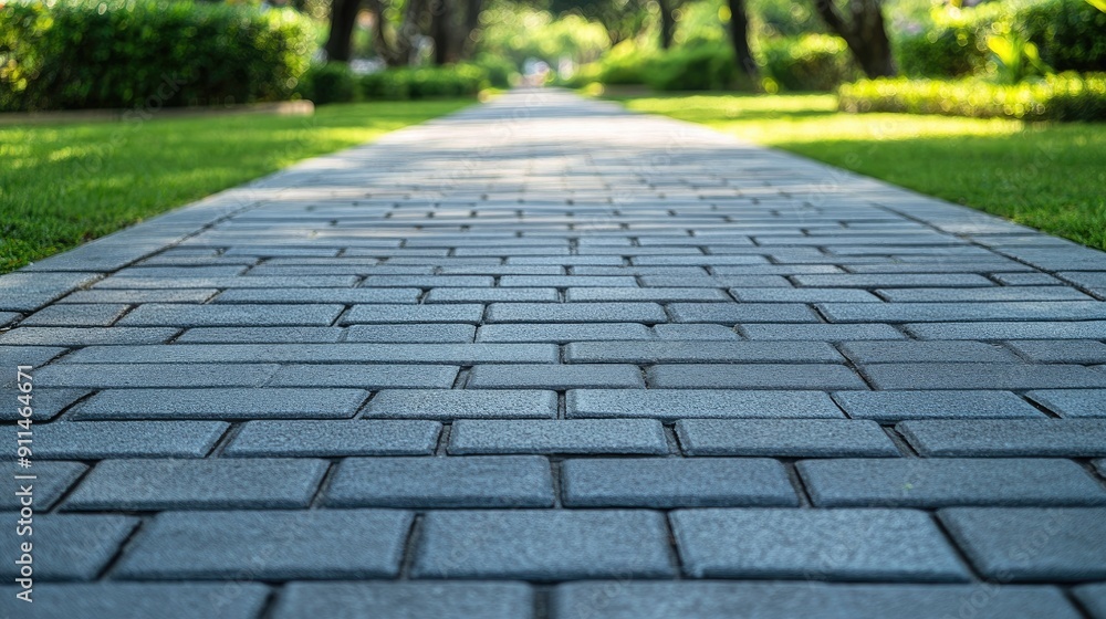 Fototapeta premium Concrete brick blocks paving a walkway, emphasizing the clean and organized pattern of the paver floor.