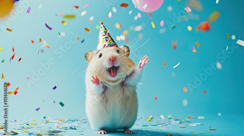 Happy Hamster in Party Hat with Confetti