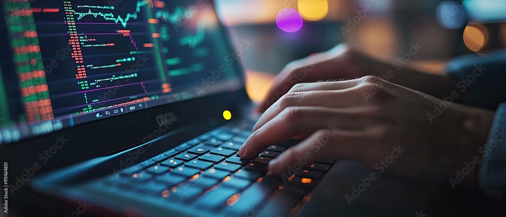 Hands Typing on Laptop with Stock Chart Displayed Hands Typing on Laptop with Stock Chart Displayed