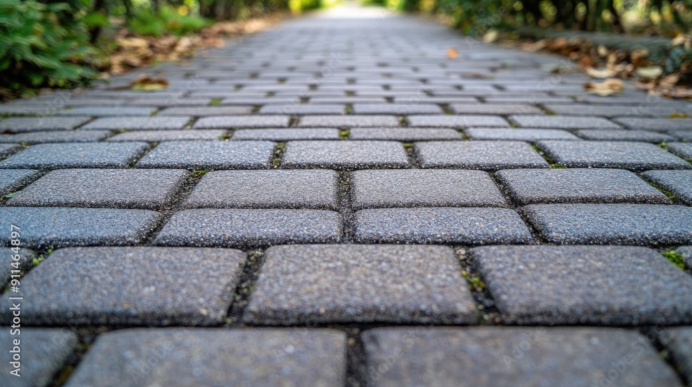 Fototapeta premium Concrete paver blocks on a walkway, highlighting the neat and uniform pattern of the paving.