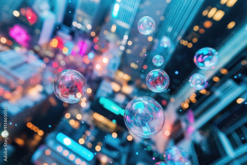 Fototapeta premium Colorful Bubbles Floating in Urban Cityscape, The State of the Dollar Bubble