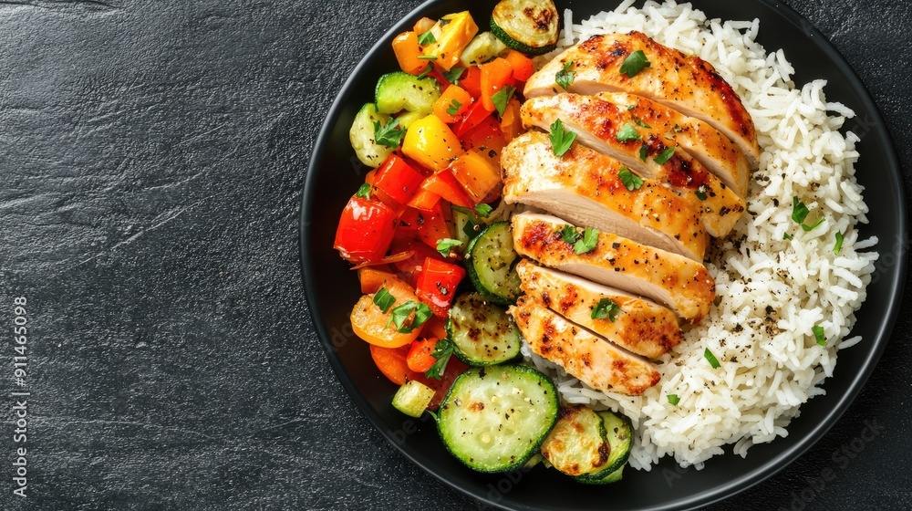 Delicious baked chicken fillet, rice, and vegetables on a black plate, top view with copy space. Delicious baked chicken fillet, rice, and vegetables on a black plate, top view with copy space.