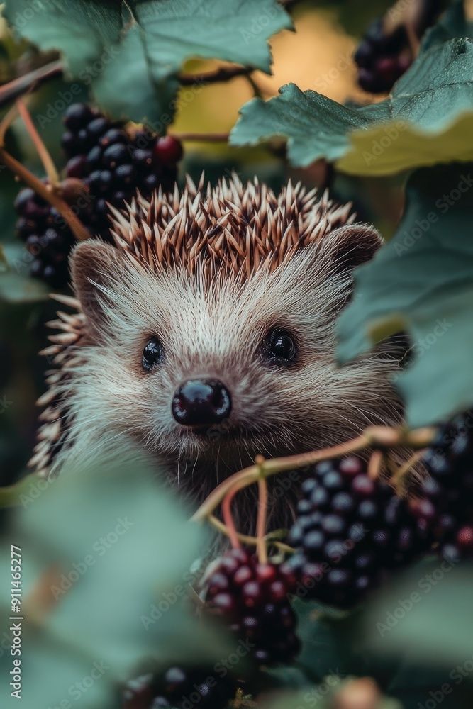 Fototapeta premium Hedgehog Close-Up Among Berries and Leaves