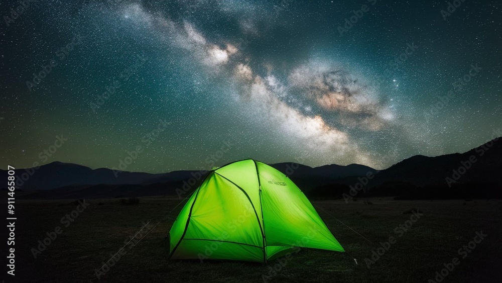 Green tent lighted from the inside by a flashlight against the background of an incredible milky way. Amazing night landscape. Green tent lighted from the inside by a flashlight against the background of an incredible milky way. Amazing night landscape.