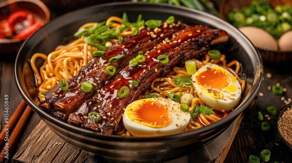 Noodle Bowl with Ribs, Egg, and Sesame Seeds Noodle Bowl with Ribs, Egg, and Sesame Seeds