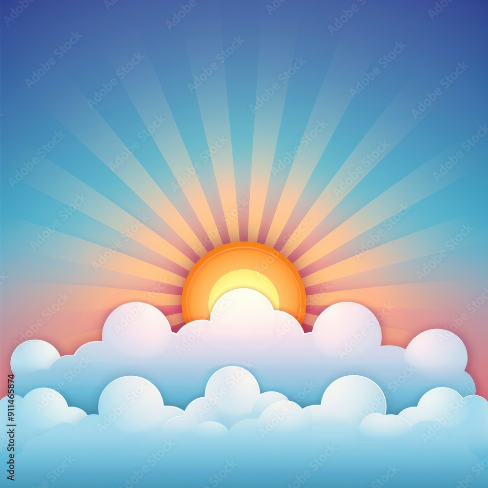 Blue sky with sun and clouds background, bright and sunny day. Sunbeams shining through the white clouds. Blue sky with sun and clouds background, bright and sunny day. Sunbeams shining through the white clouds.