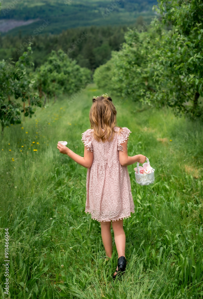 back view of girl in pink dress and flower basket, walking in meadow back view of girl in pink dress and flower basket, walking in meadow