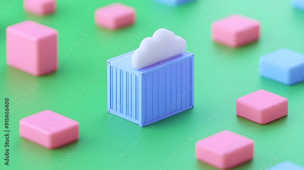 Abstract 3D illustration of a cloud icon on a blue container among pink and blue blocks on a green background. Abstract 3D illustration of a cloud icon on a blue container among pink and blue blocks on a green background.