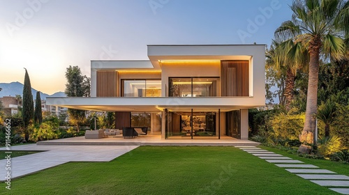 Elegant villa with a minimalist facade and landscaped garden, showcasing contemporary architectural design.