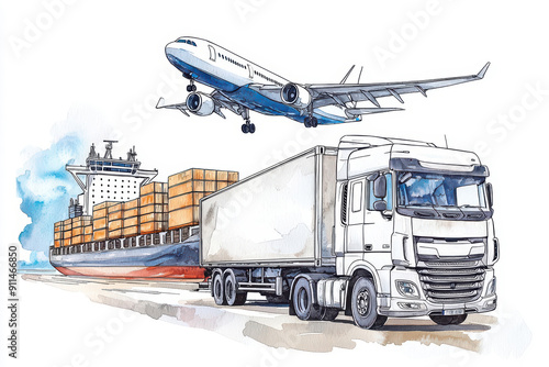 A beautiful water color depiction of a shipping port with a white truck photo