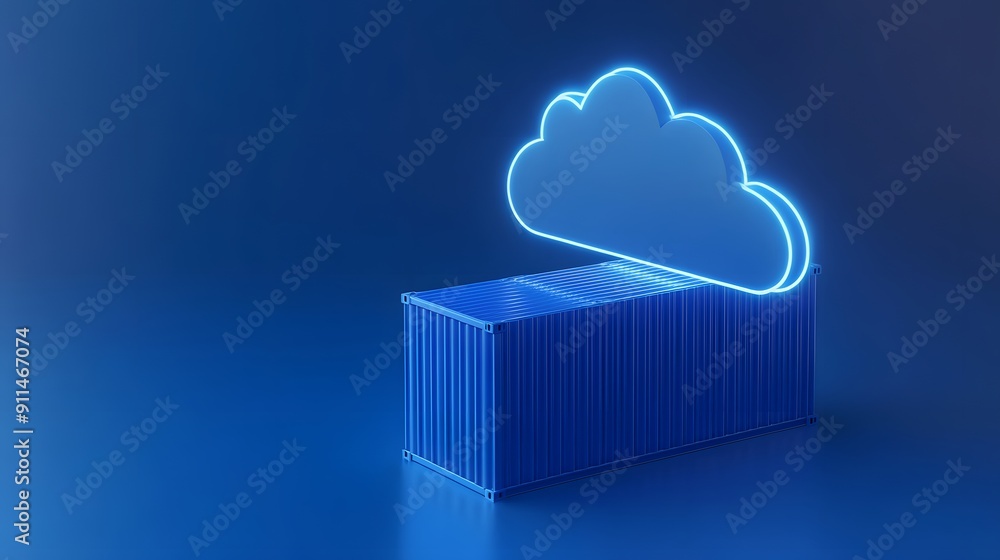 Abstract concept image of cloud computing with a glowing cloud shape above a blue shipping container on a gradient background. Abstract concept image of cloud computing with a glowing cloud shape above a blue shipping container on a gradient background.
