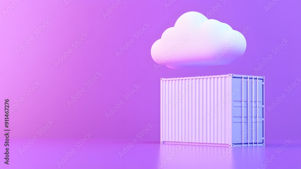 Abstract concept of cloud storage with a container on a pink background symbolizing data security and cloud technology. Abstract concept of cloud storage with a container on a pink background symbolizing data security and cloud technology.