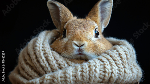 A rabbit is snuggling inside a cardboard box with a blanket peeking out. The scene is heartwarming and depicts the bunny’s cozy, snug environment.