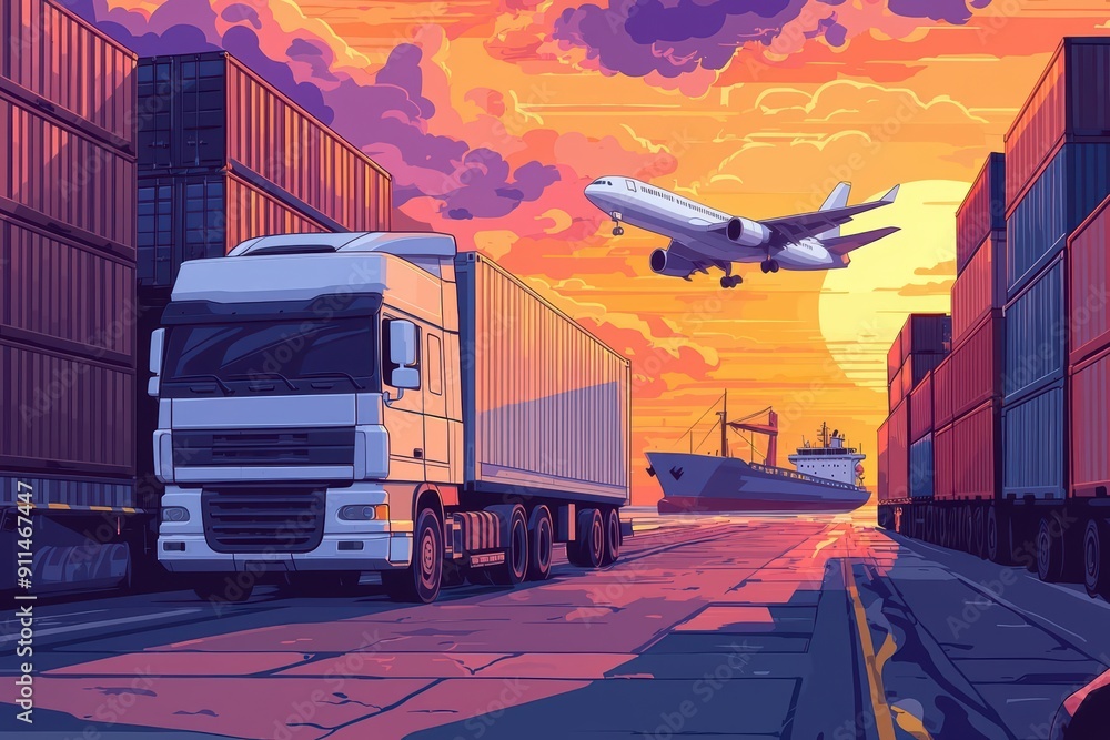 A detailed illustration of a busy shipping port with a white truck A detailed illustration of a busy shipping port with a white truck