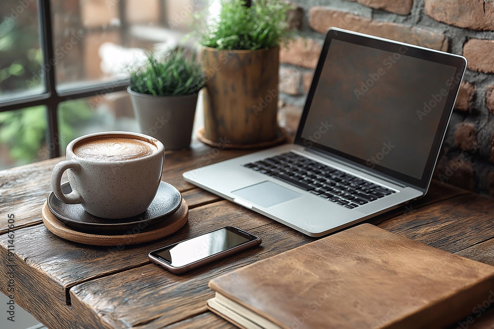 A modern workspace with a cup of coffee and a laptop A modern workspace with a cup of coffee and a laptop
