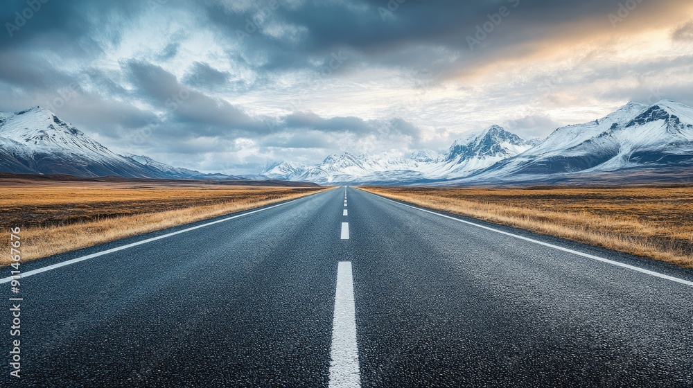 Naklejka premium Empty asphalt road leading towards majestic snow mountains and a cloudy sky, ideal for car journey themes.