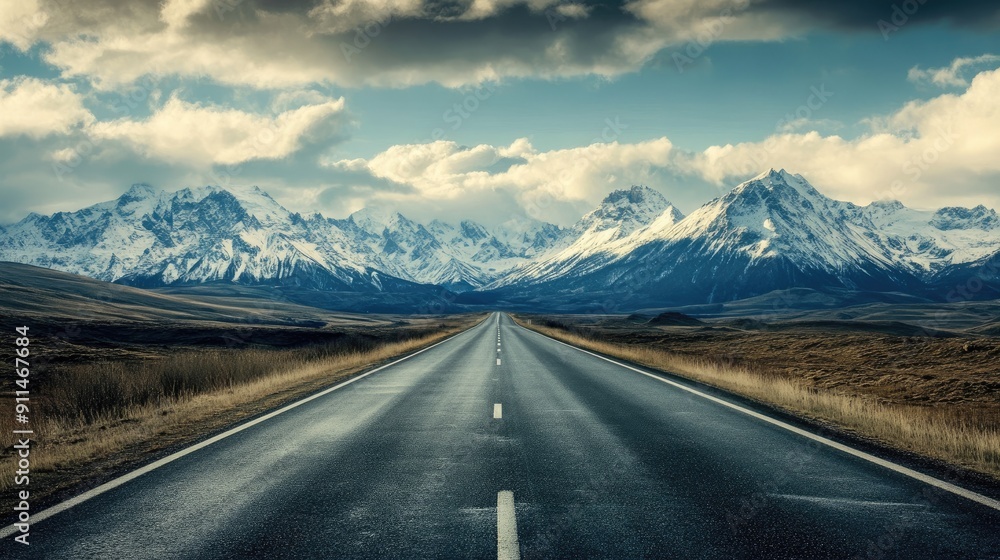 Fototapeta premium Empty asphalt road leading towards majestic snow mountains and a cloudy sky, ideal for car journey themes.
