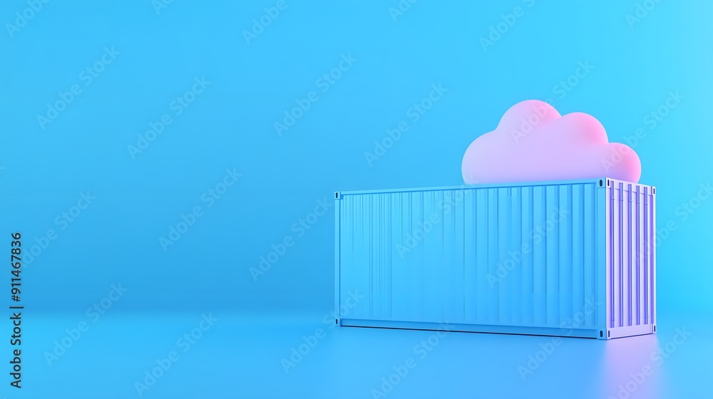 Abstract illustration of a shipping container with a cloud icon on top, representing cloud storage and data solutions. Blue and pink colors.